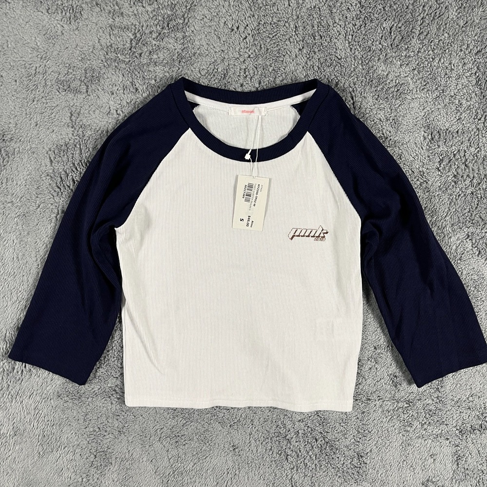 Atmos Ribbed Shirt Women Small White Navy 3/4 Raglan Sleeve Pullover HY23SS-TP02